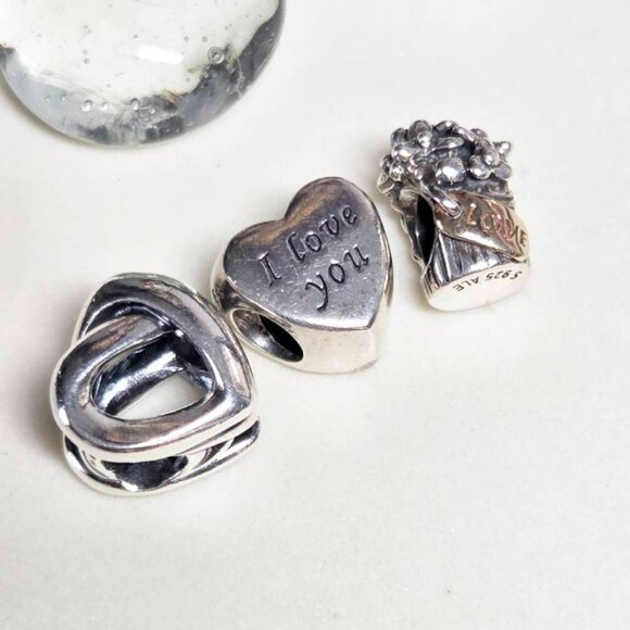 Pandora Charms Set Of 3 Love Theme I Love You Bouquet Of Flowers Heart Beads